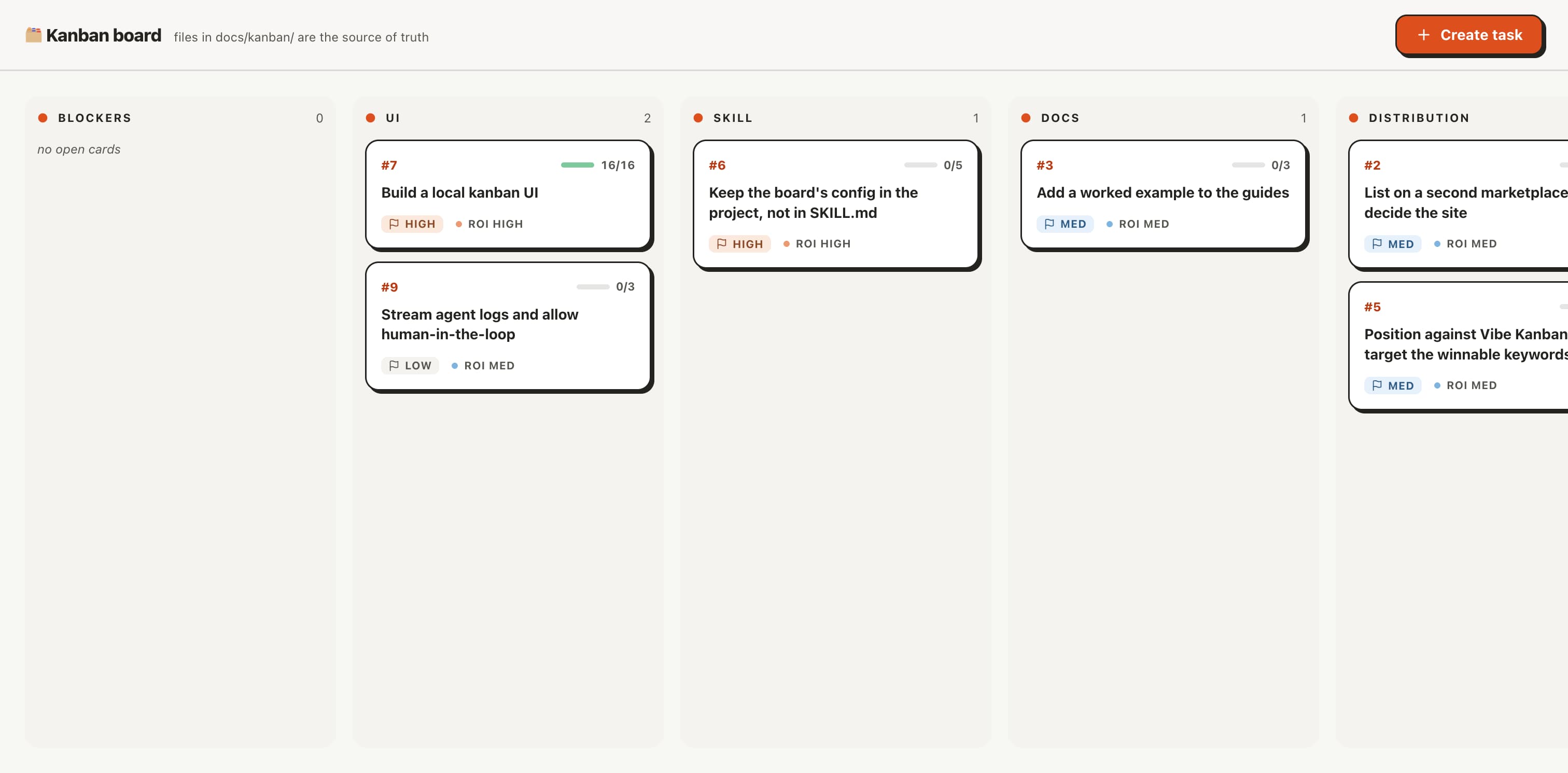 The kanban skill's local web board β a light board with Blockers, UI, Skill, Docs, and Distribution columns and a Create task button.